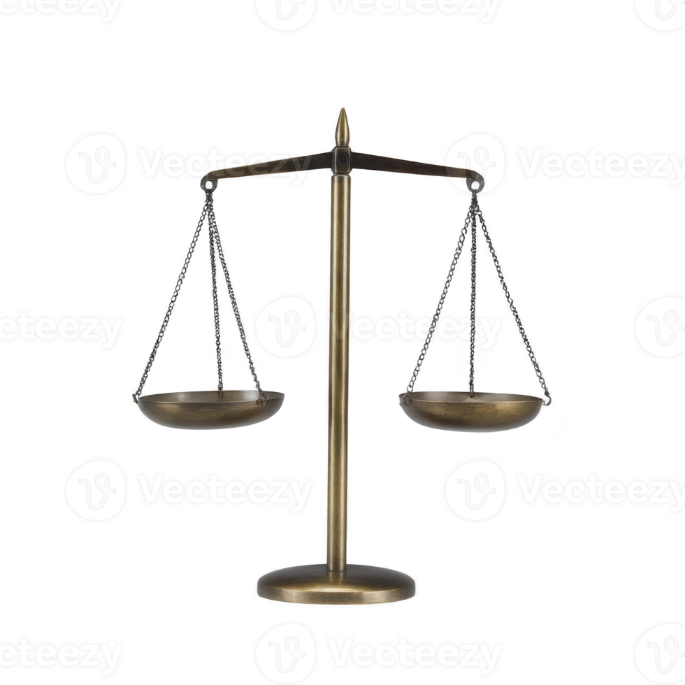 Brass balance scale with two suspended pans symbolizes justice and fairness, often used in legal contexts. scale is evenly balanced, representing equality and impartiality png