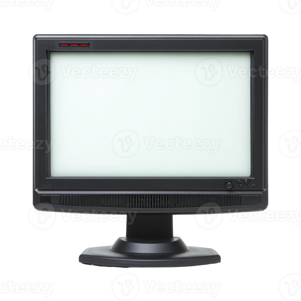 Black computer monitor with blank screen is displayed, featuring simple design and sturdy base. monitor is isolated on transparency background, highlighting its classic style png