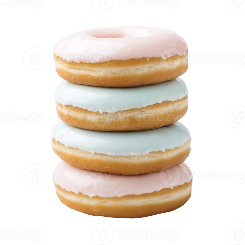 Four pastel colored glazed donuts are stacked tower, featuring soft pink and blue icing. donuts are arranged neatly, showcasing smooth and glossy finish, creating visually appealing and sweet png