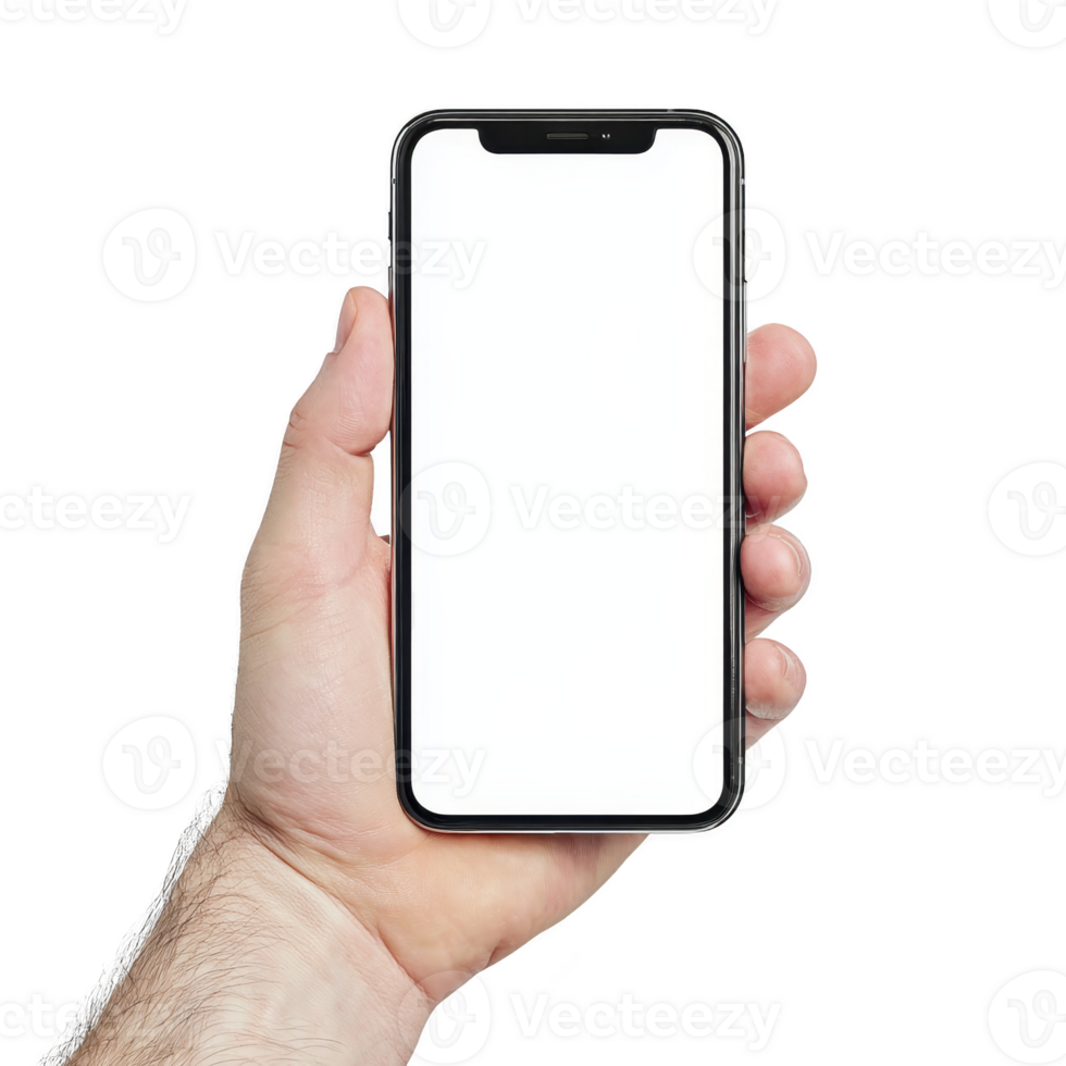 Hand holding modern smartphone with blank white screen, isolated on transparency background. image focuses on device. showcasing its sleek design and large display png
