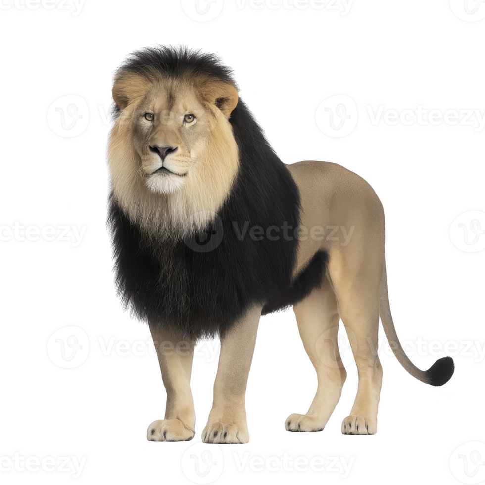 Majestic lion stands proudly, showcasing its powerful build and regal mane. lion intense gaze and strong posture convey sense of strength and authority png