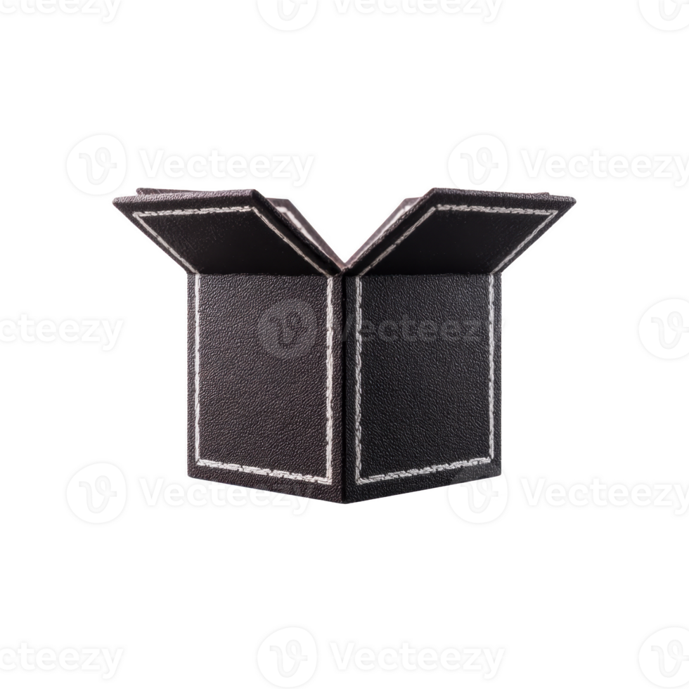 Open black cardboard box with textured surface, isolated on transparency background. box is empty, with flaps open, suggesting readiness for packing or storage png