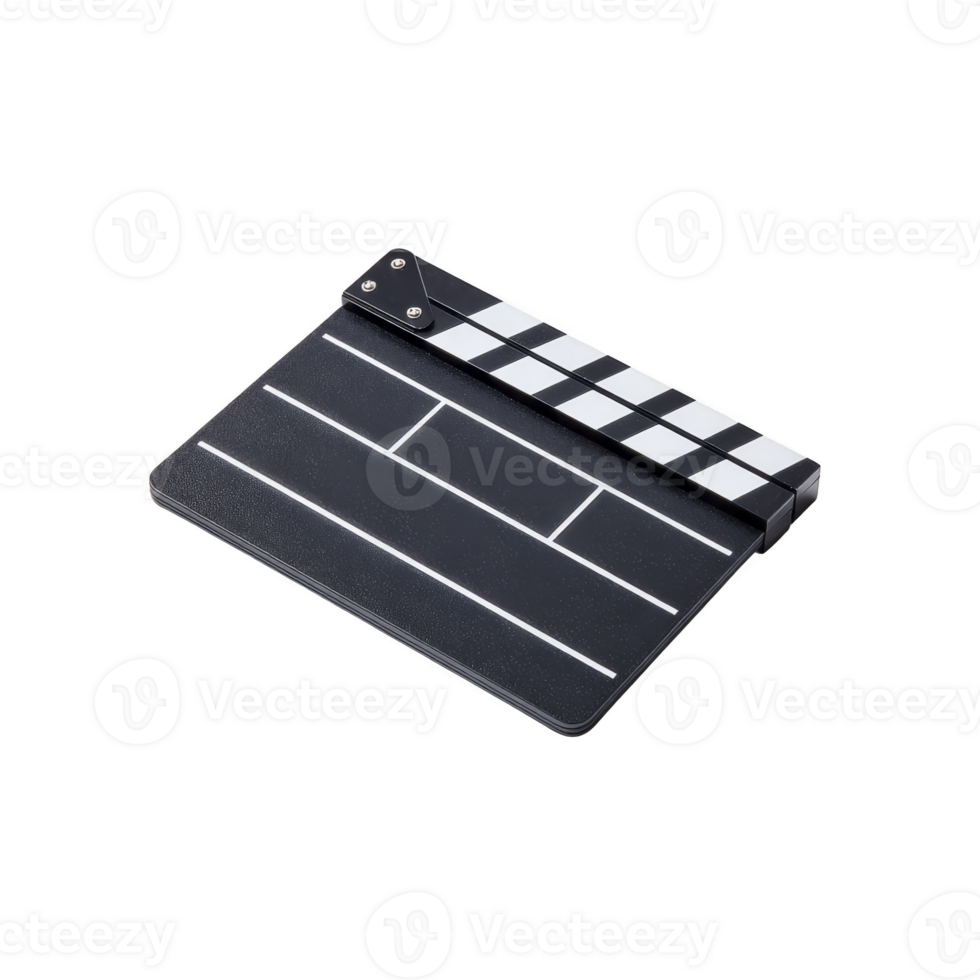 Black and white film clapperboard used in movie production, featuring striped top and blank slate for scene details. It symbolizes filmmaking and creativity png