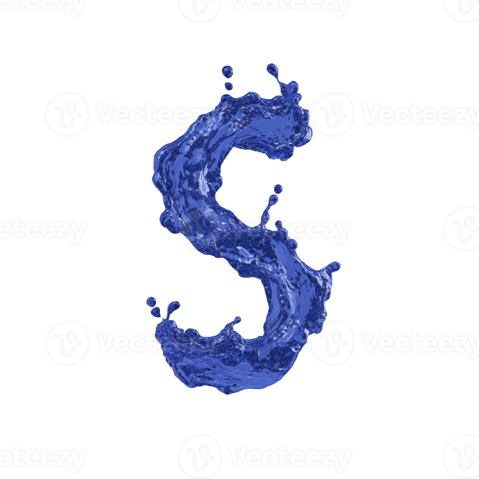 Dynamic splash of water forms shape of letter S against transparency background, creating striking visual effect. fluid motion and vibrant blue color add sense of energy and creativity png