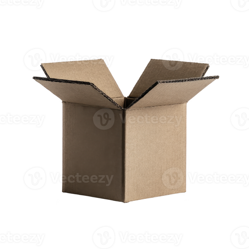 Open cardboard box with flaps extended, showcasing its simple and functional design. box is made of brown corrugated material, ideal for packaging and shipping purposes png