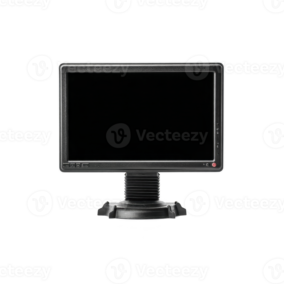 Black computer monitor with blank screen is displayed against transparency background. monitor is mounted on flexible stand, allowing for adjustable viewing angles png