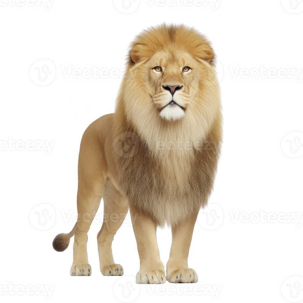 Majestic lion stands proudly, showcasing its magnificent mane and powerful stance. lion intense gaze and regal posture exude strength and authority, embodying essence of wild png