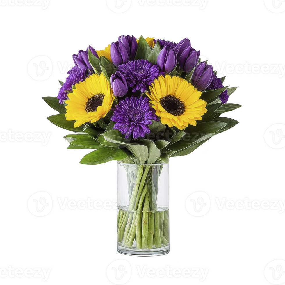 Vibrant bouquet of yellow sunflowers, purple tulips, and chrysanthemums arranged in clear glass vase, creating cheerful and elegant floral display png