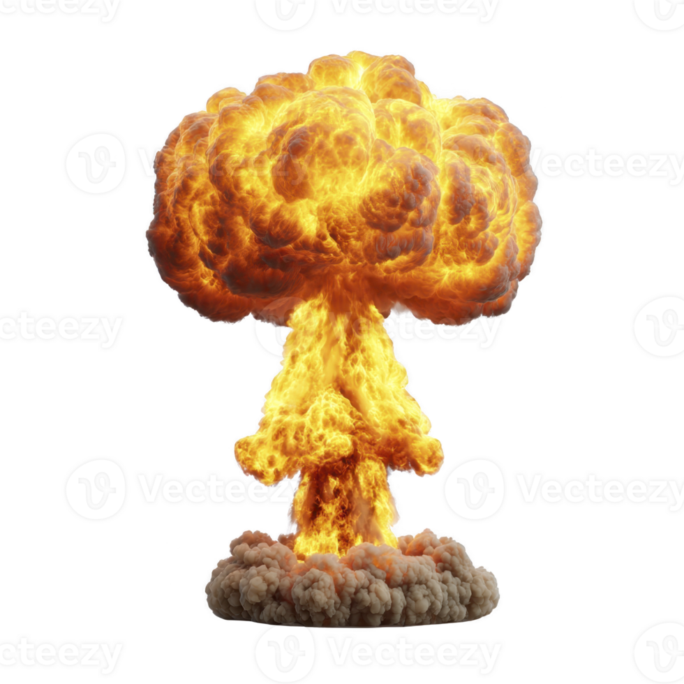 Fiery explosion with large mushroom cloud rises dramatically, showcasing intense flames and smoke. image captures powerful and destructive force of explosion png