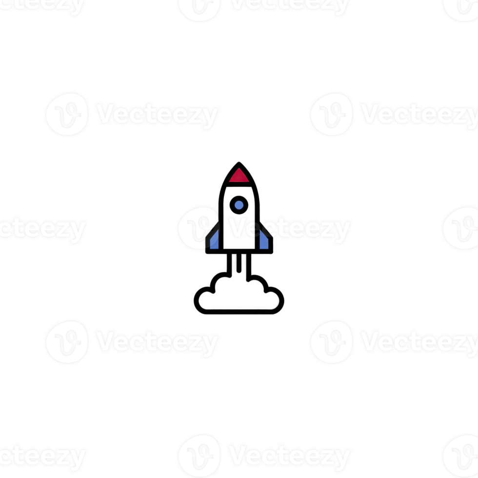 Simple rocket icon with red tip and blue fins launches upward, leaving trail of smoke. minimalist design conveys sense of adventure and innovation png