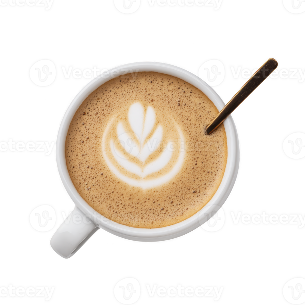White cup of cappuccino with beautiful latte art design on top, featuring leaf pattern, is accompanied by spoon. coffee creamy texture and artistic presentation create warm and inviting feel png