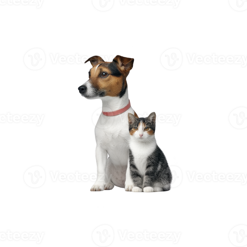 Small dog with red collar sits next to black and white kitten, both looking forward against plain background. scene is calm and endearing png