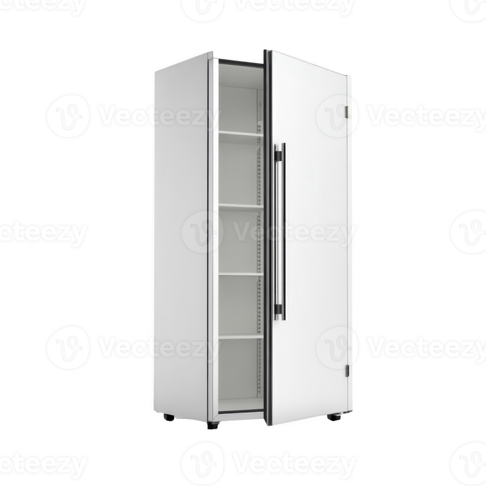 Sleek, modern white refrigerator with open door revealing multiple shelves, perfect for kitchen storage. minimalist design and tall structure make it ideal for contemporary homes png