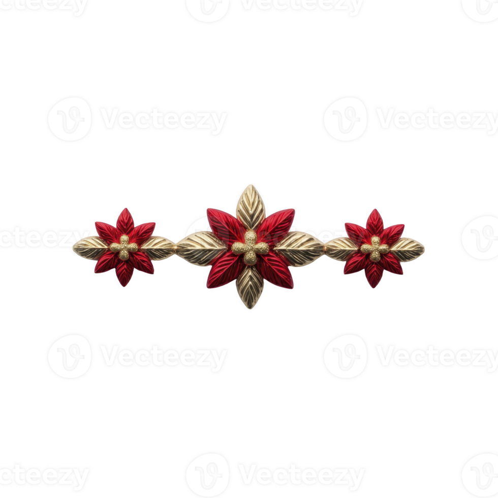 Decorative floral ornament featuring three red and gold flowers with intricate leaf details, set against transparency background. design is symmetrical and elegant, ideal for festive or ornamental png