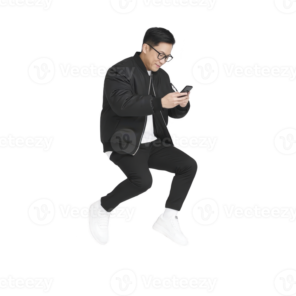 Person in black jacket and white sneakers is joyfully jumping while looking at smartphone. background is transparent, highlighting dynamic pose and casual attire png
