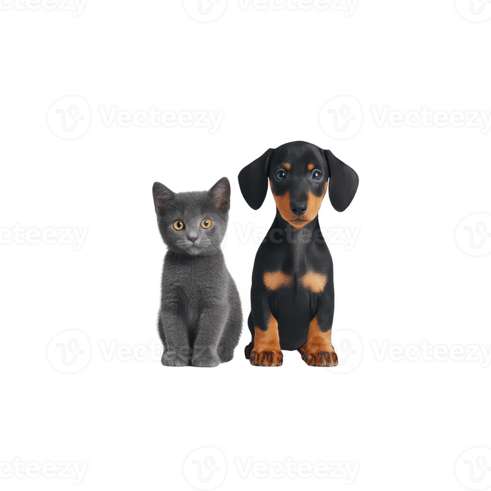 Cute gray cat and small black and tan puppy sit side by side, showcasing their adorable features. cat has calm expression, while puppy looks curious and playful png