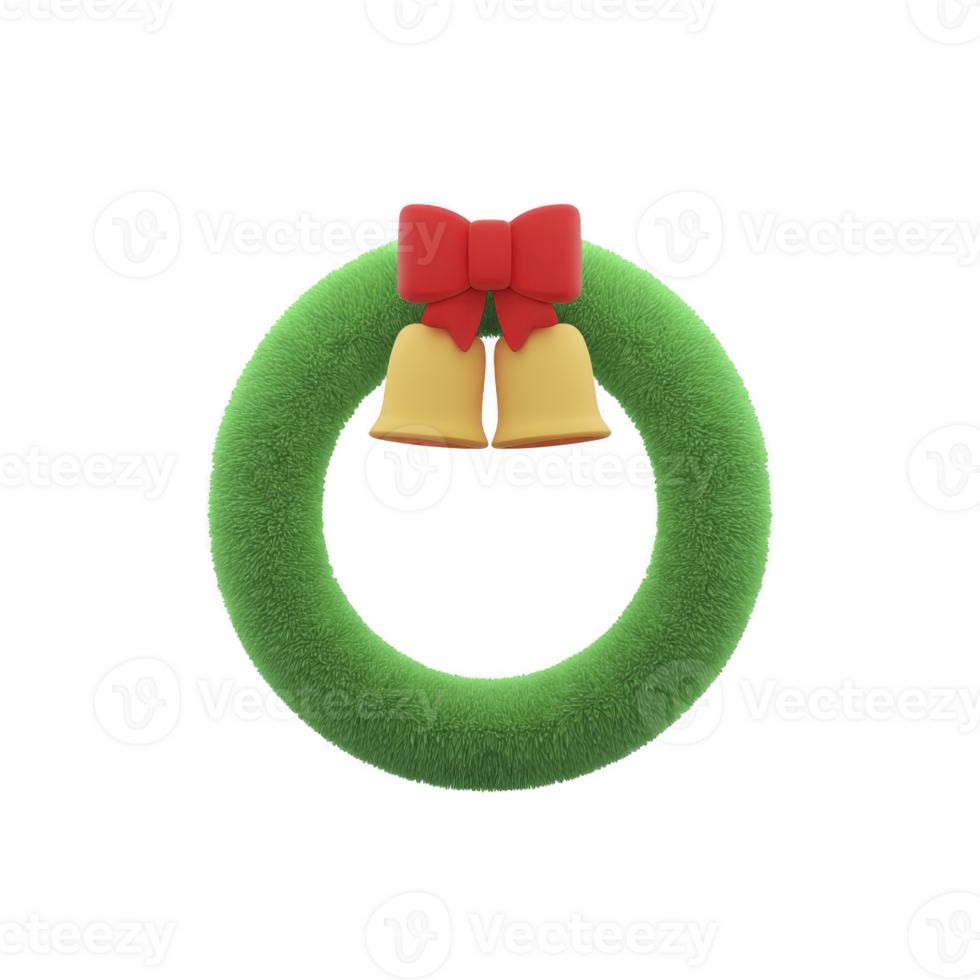 Festive green Christmas wreath with red bow and golden bells, symbolizing holiday cheer and decoration. simple design evokes sense of warmth and celebration png
