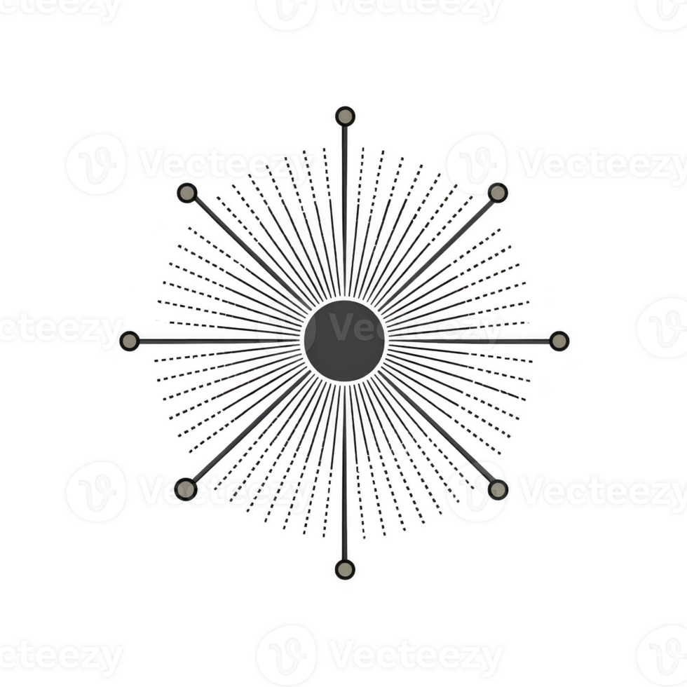 Geometric abstract design features central circle with radiating lines and dots, creating symmetrical starburst pattern. monochrome color scheme adds modern and minimalist touch png