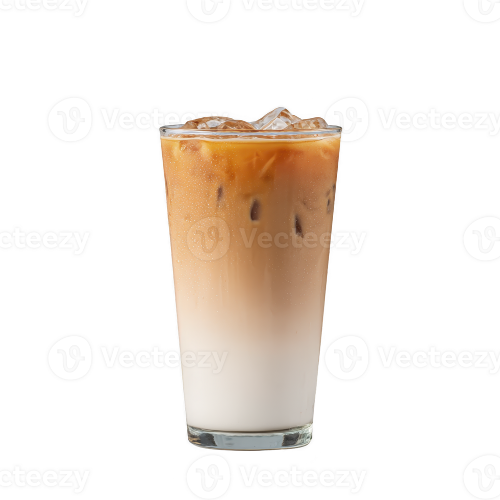 Refreshing iced latte with layers of espresso and milk in clear glass, topped with ice cubes, perfect for hot day png