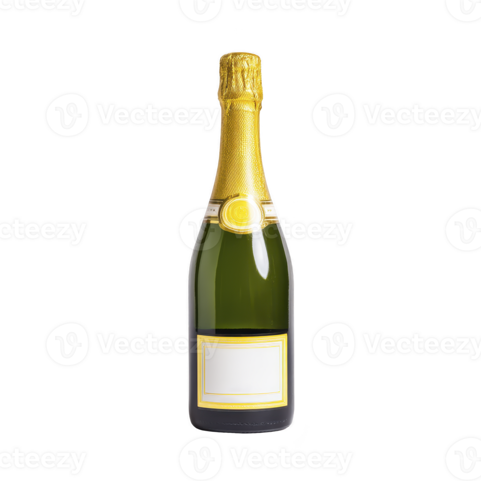Bottle of champagne with gold foil top and blank label stands against transparency background, exuding elegance and celebration png