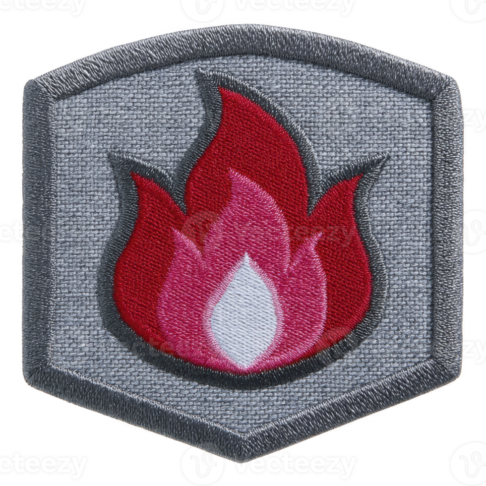 This shows embroidered patch with flame design, featuring red and pink colors on gray background. patch has shield like shape and border that outlines design png