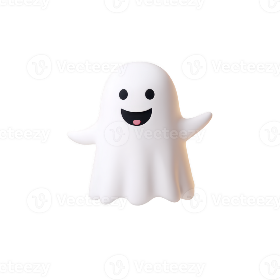 Cute, smiling cartoon ghost with white sheet like body and black eyes, floating against transparent background. ghost has playful and friendly expression png