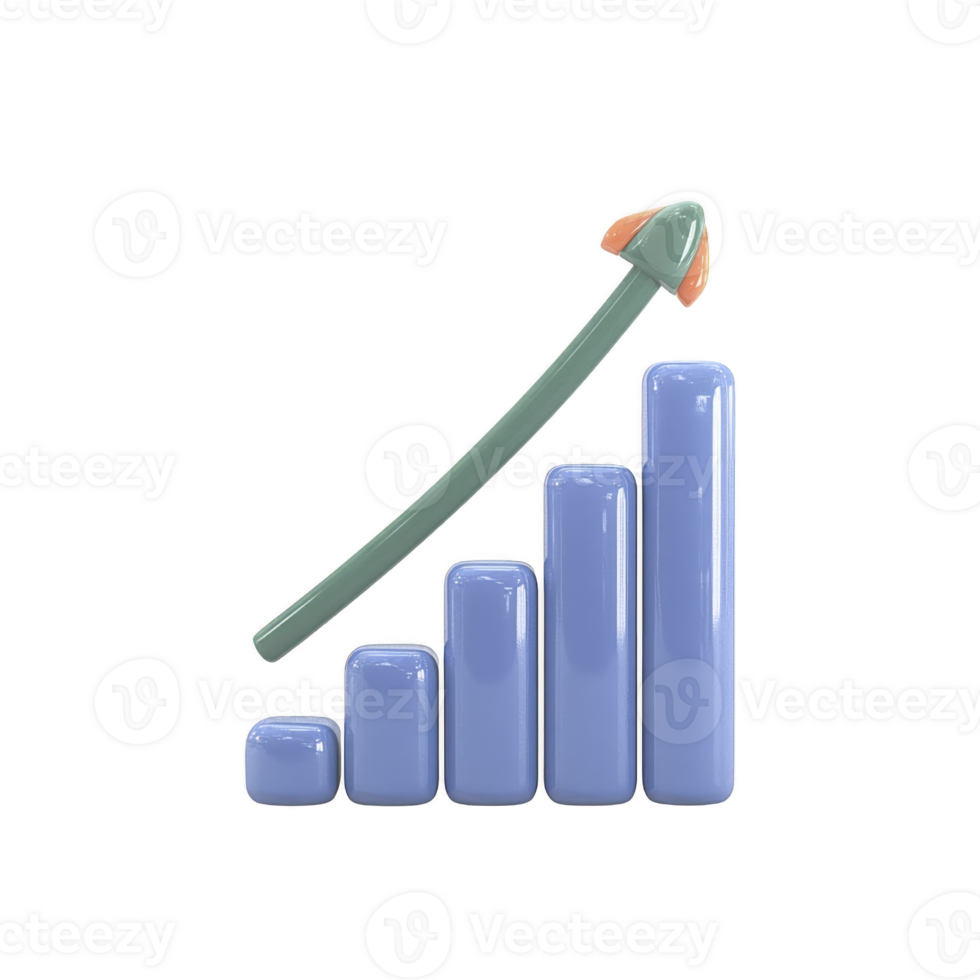 3D bar graph with blue bars and upward green arrow represents growth and success in business or finance. bars increase in height from left to right, symbolizing positive progress png