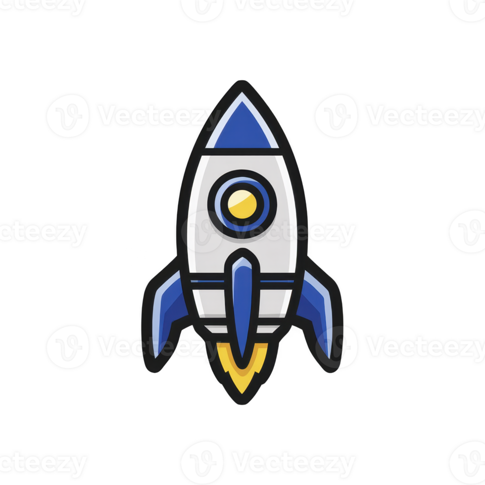 Cartoon rocket with blue and white colors and yellow flame is depicted, symbolizing exploration and innovation. design is simple and playful, evoking sense of adventure png