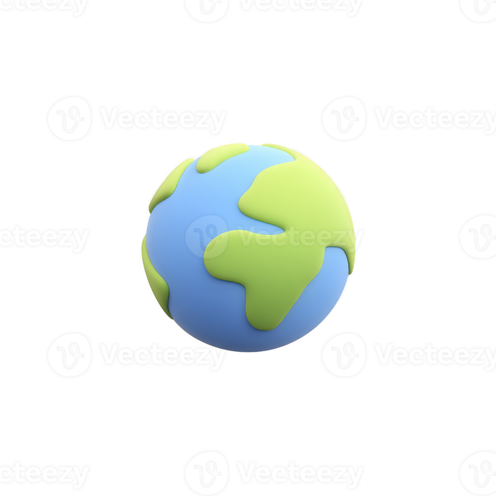 3D illustration of simplified Earth with blue oceans and green continents, resembling cartoon style. globe is isolated on transparency background, emphasizing its playful design png