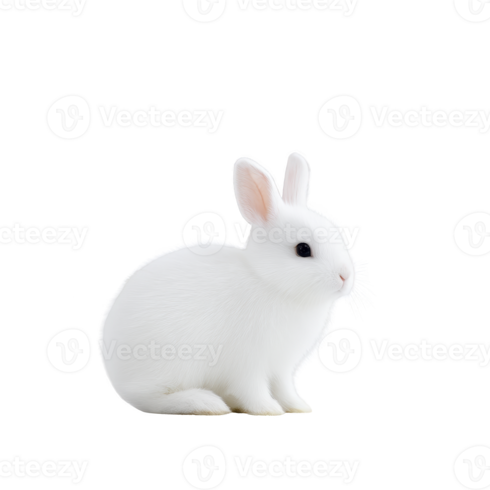 Cute white rabbit with soft fur sits calmly against plain background, showcasing its delicate features and gentle demeanor. simplicity highlights rabbit natural beauty png