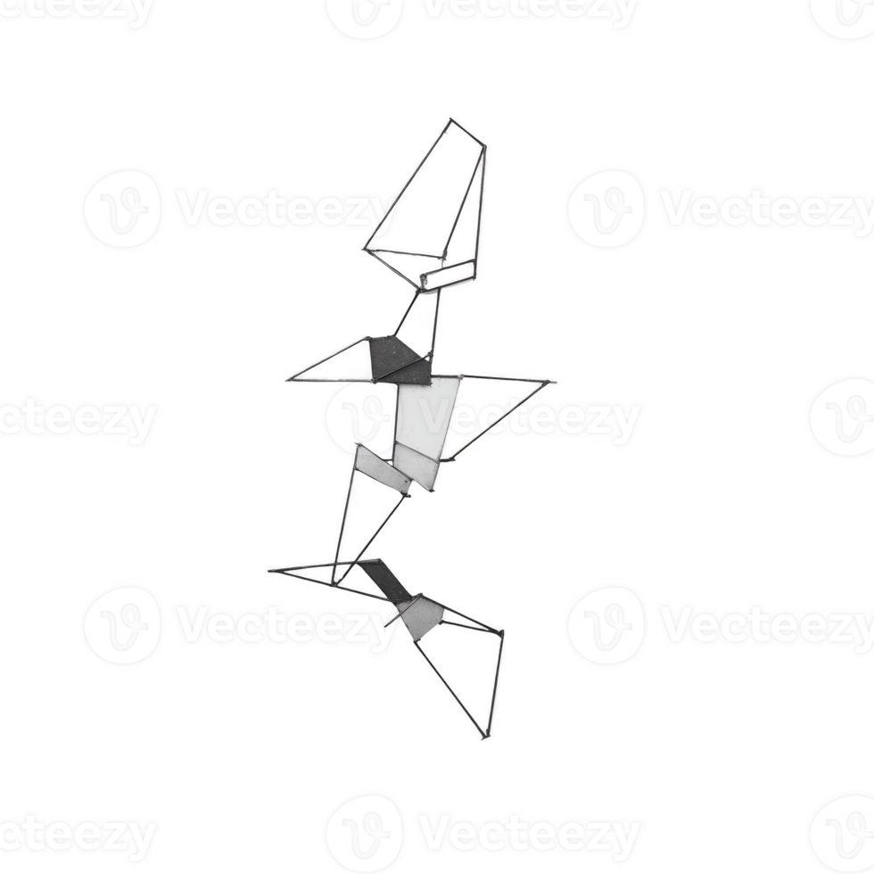 Abstract geometric sculpture with interconnected metal shapes and white accents, creating modern and minimalist design. structure appears dynamic and artistic png