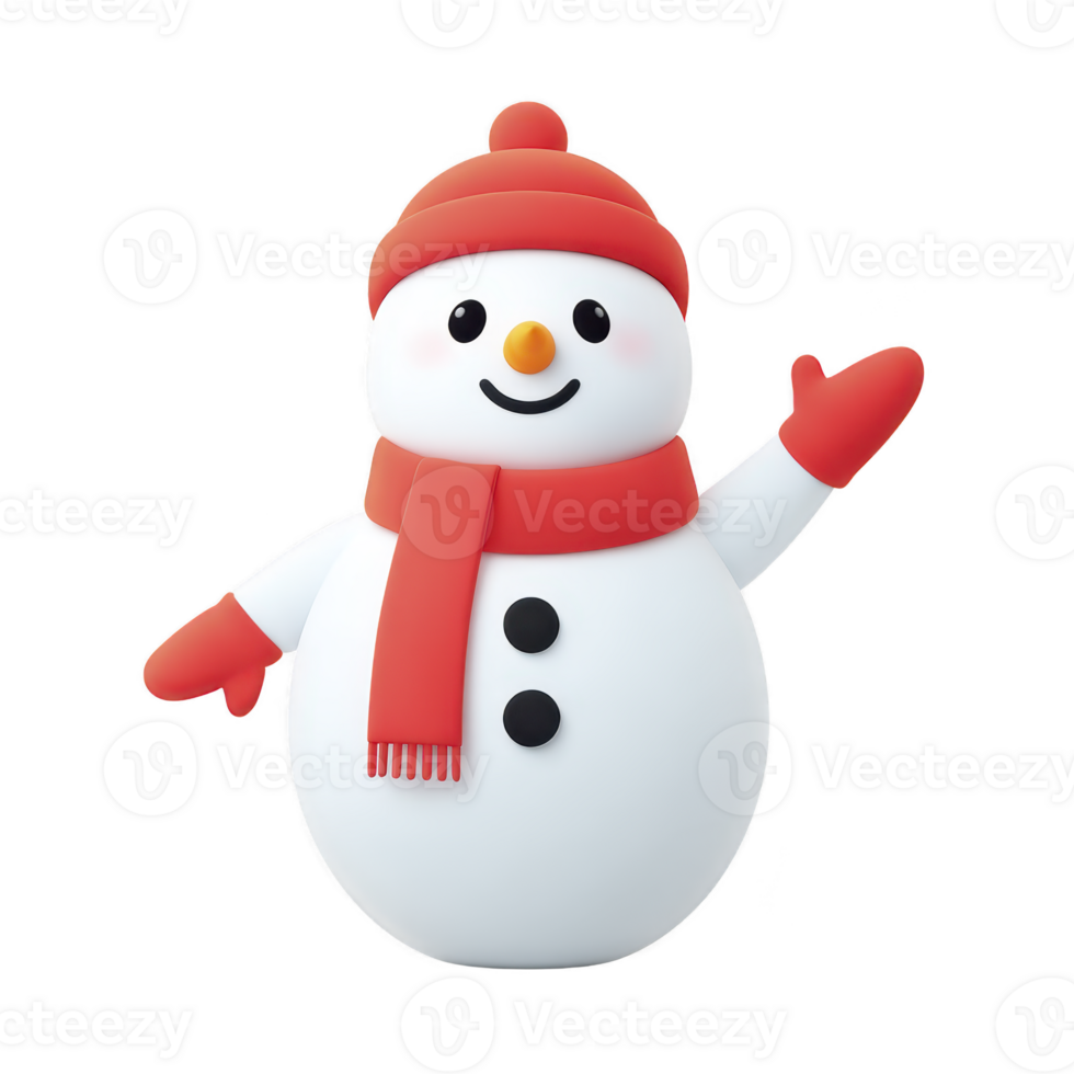 Cheerful snowman wearing red hat and scarf, with carrot nose and black buttons, waves happily. snowman is adorned with red mittens, creating festive and joyful winter scene png
