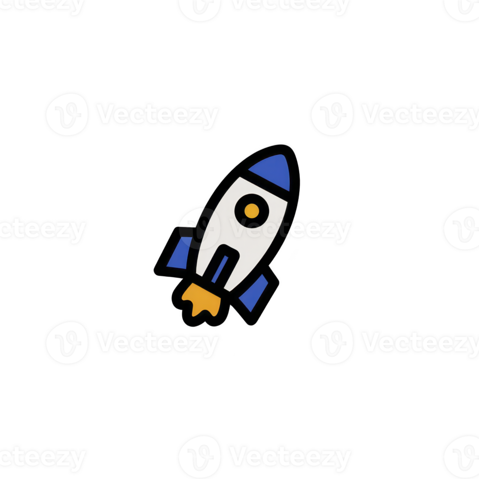 Simple, colorful rocket icon with blue and white body and orange flame, symbolizing innovation and exploration. design is minimalistic and playful, ideal for tech or space themes png