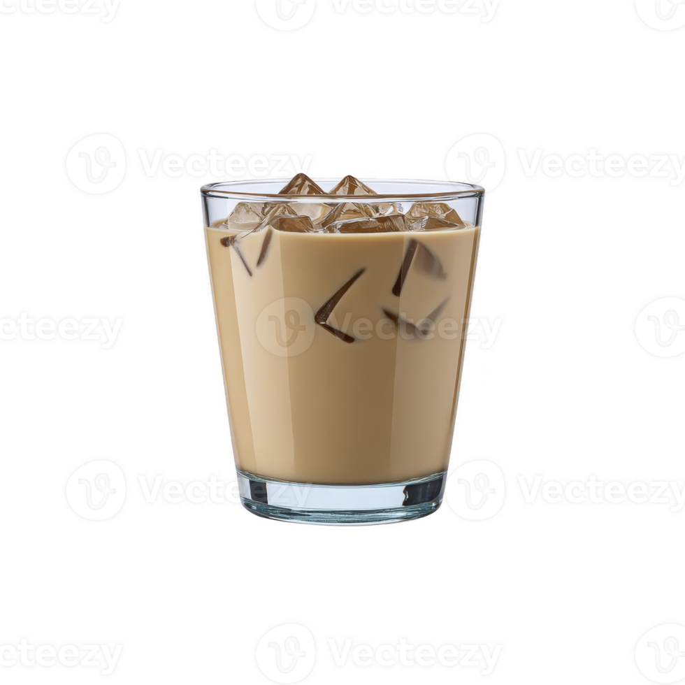Refreshing glass of iced coffee with milk, filled with ice cubes, sits against plain background. creamy beverage is inviting and perfect for hot day png
