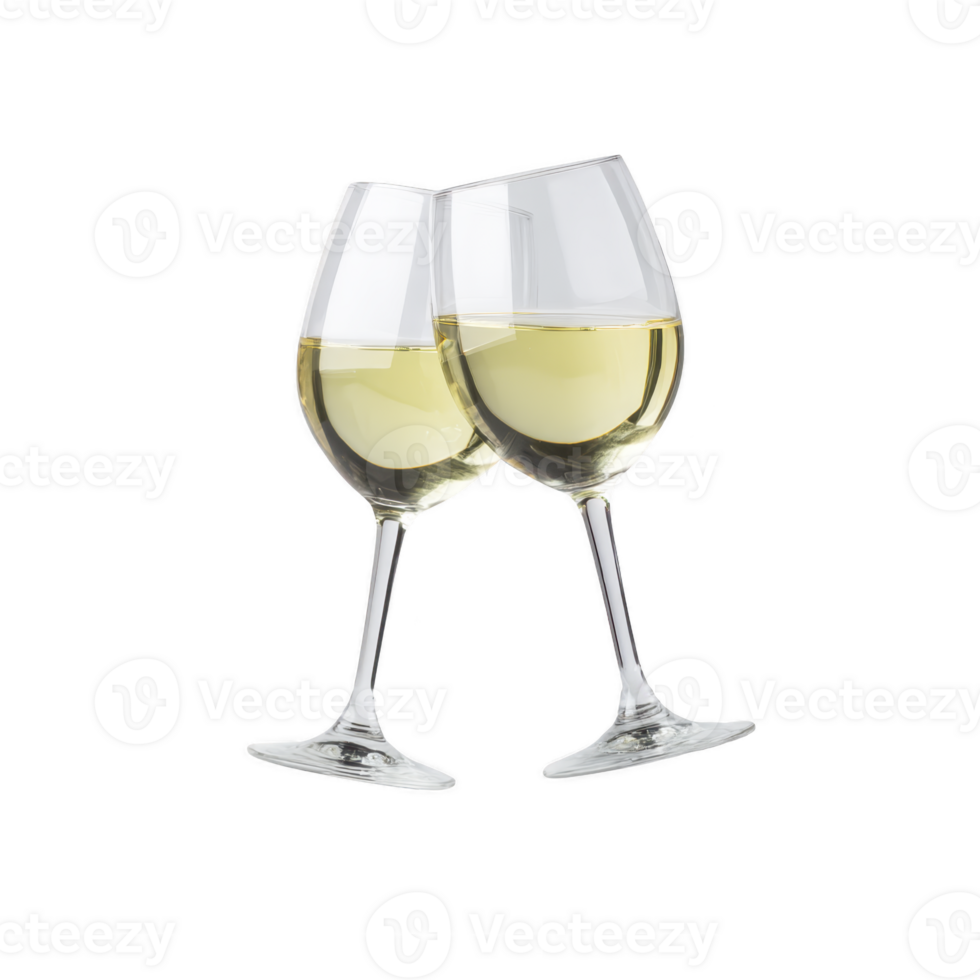 Two glasses of white wine clinking together in celebratory toast, symbolizing joy and celebration. clear glasses highlight light golden hue of wine, creating elegant and festive atmosphere png