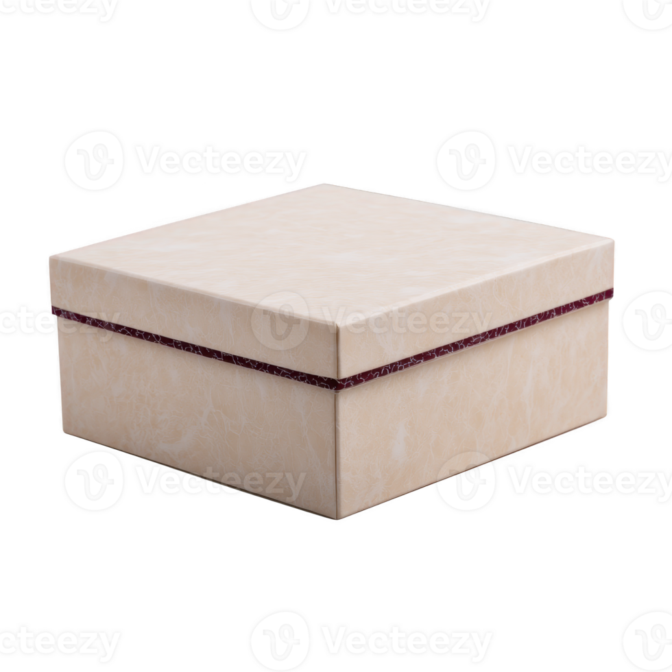 Beige square gift box with maroon trim sits against transparency background, showcasing simple and elegant design. box is closed, highlighting its smooth texture and clean lines png