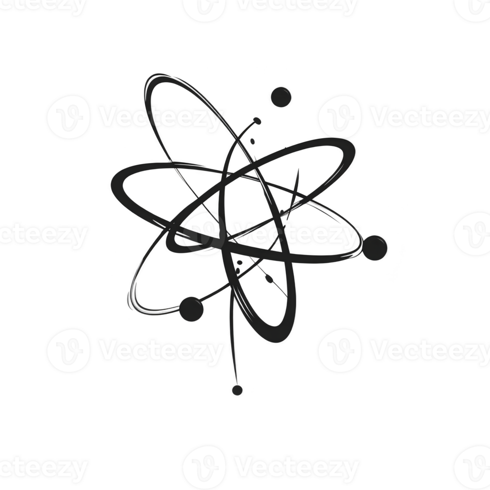 Atomic symbol with orbiting electrons, representing science and physics concepts. design is simple and monochrome, ideal for educational or scientific themes png