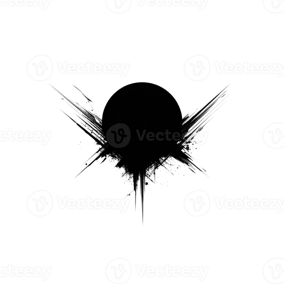 Grunge style black circle with jagged edges and splatter effects creates dynamic and edgy design. abstract shape evokes sense of mystery and artistic expression png