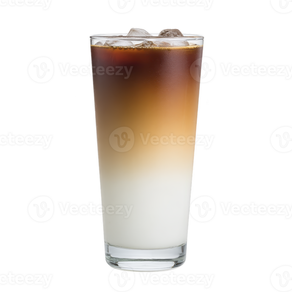 Refreshing iced coffee latte with gradient of dark coffee blending into creamy milk, served in tall glass with ice cubes. Perfect for cool, energizing drink png