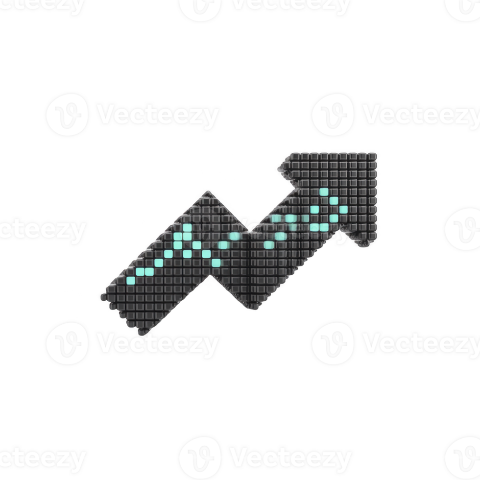 Digital arrow with pixelated design points upward, symbolizing growth and progress. arrow features light blue dotted line, representing data trends or financial success png