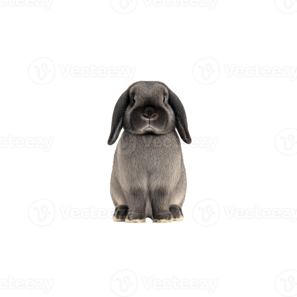 Cute, fluffy gray lop eared rabbit sits facing forward against transparency background, showcasing its soft fur and adorable expression png