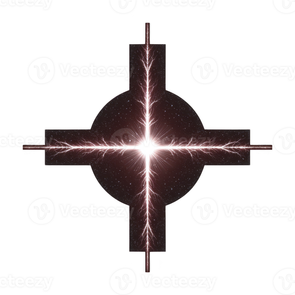 Glowing, symmetrical cross with electric like branches radiates from center, creating dynamic and energetic design against transparency background png