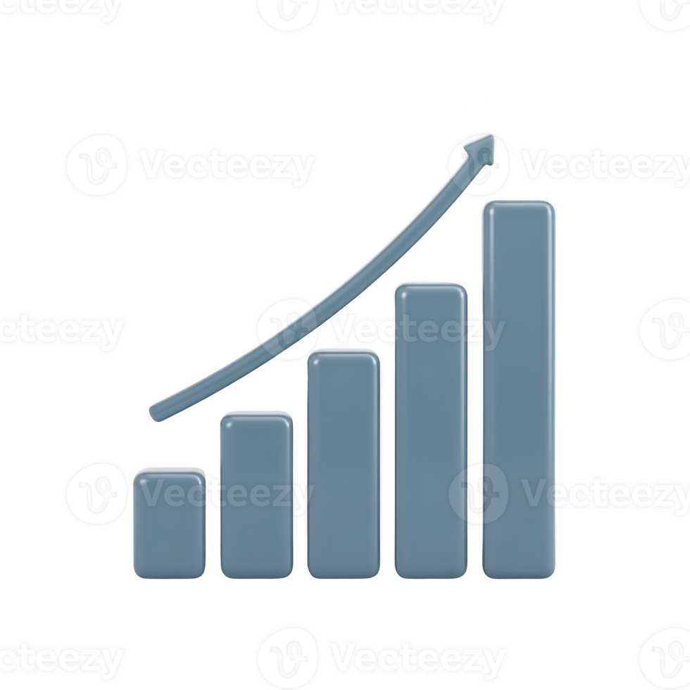 3D blue bar chart icon with upward arrow represents growth and progress, ideal for business and financial presentations png