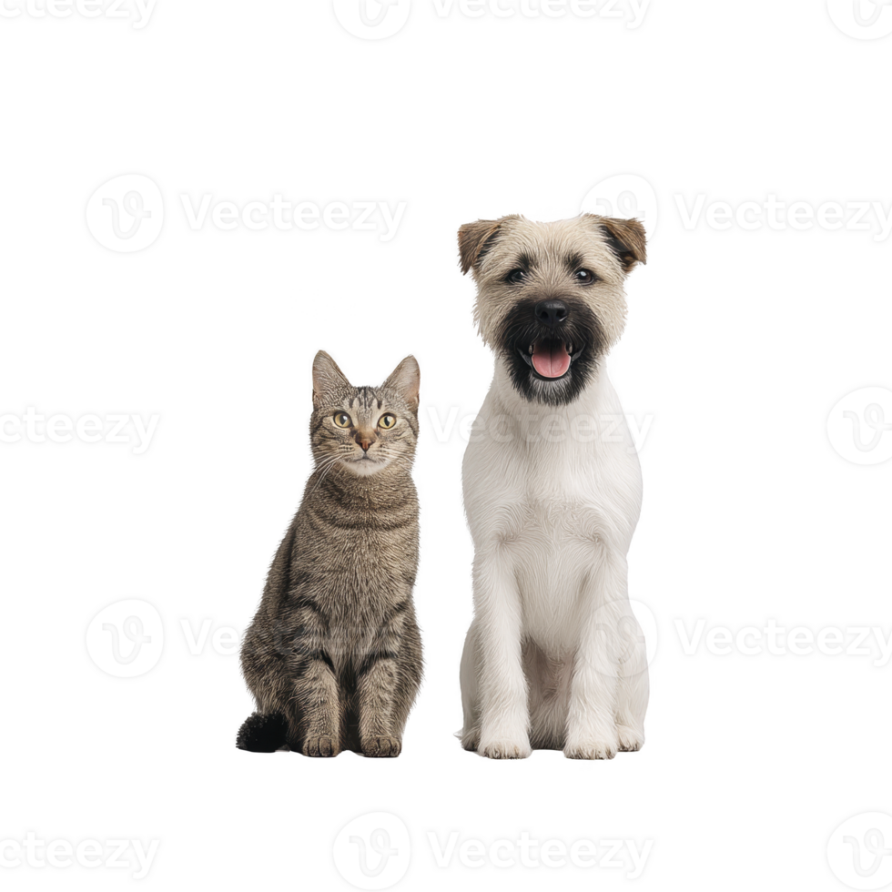 Happy dog and calm cat sit side by side against transparency background, showcasing their companionship and contrasting expressions. dog appears joyful while cat looks serene png
