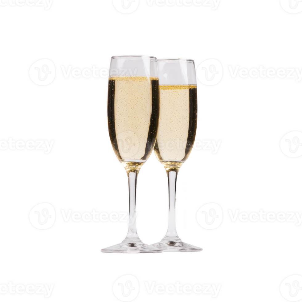 Two elegant champagne glasses filled with sparkling wine stand side by side, creating celebratory and festive atmosphere. bubbles rise gently, adding touch of sophistication to scene png