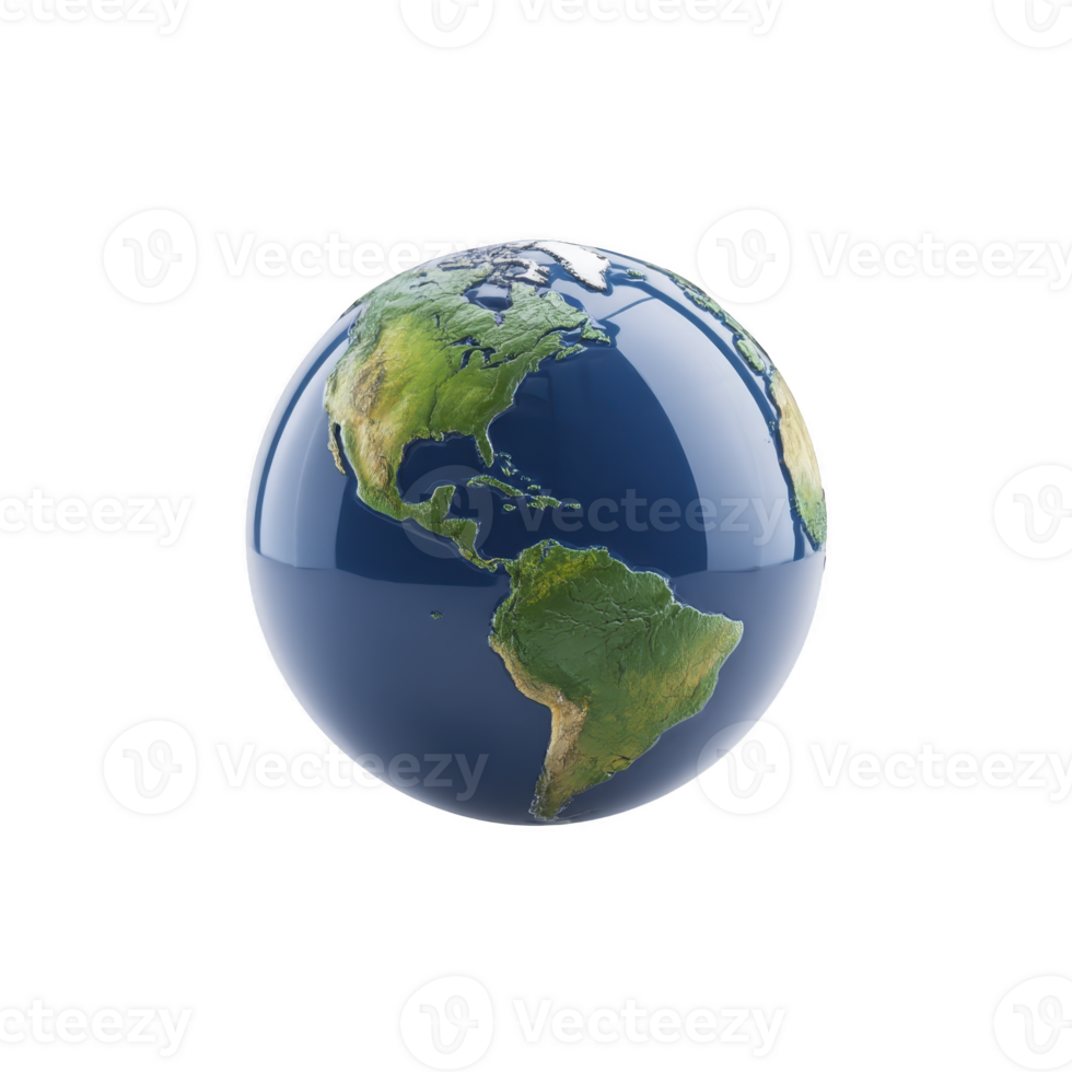 Realistic 3D rendering of Earth showcasing North and South America, with detailed topography and oceanic reflections, set against plain background png