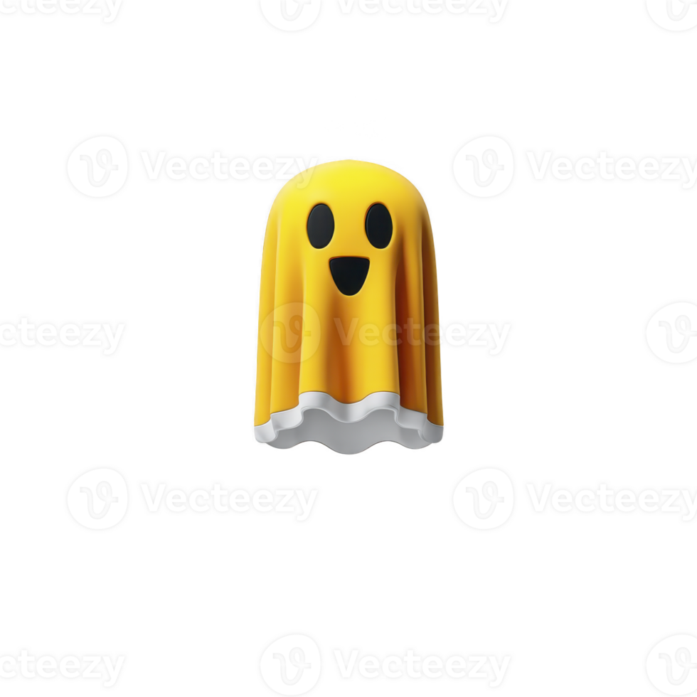 Cute, smiling yellow ghost with white border floats against transparent background, evoking playful and friendly Halloween vibe png