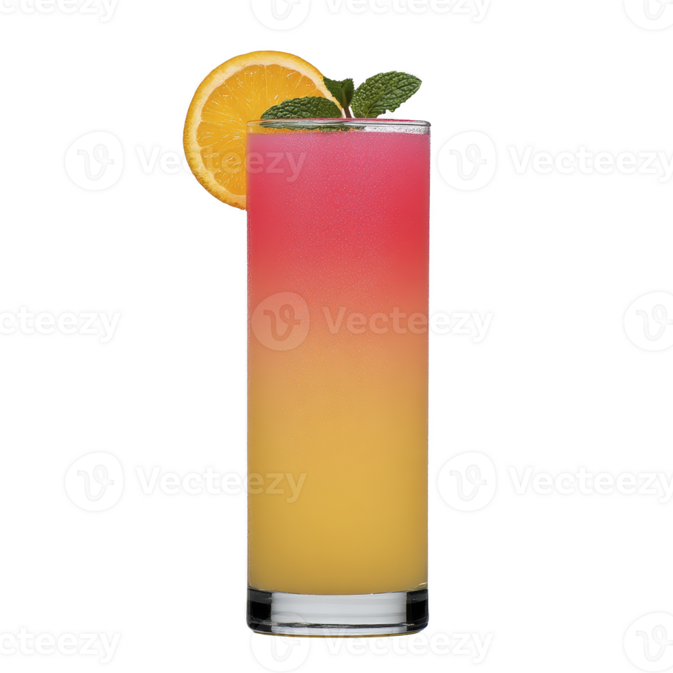 Refreshing cocktail with gradient of pink to yellow, garnished with slice of orange and mint leaves, served in tall glass png