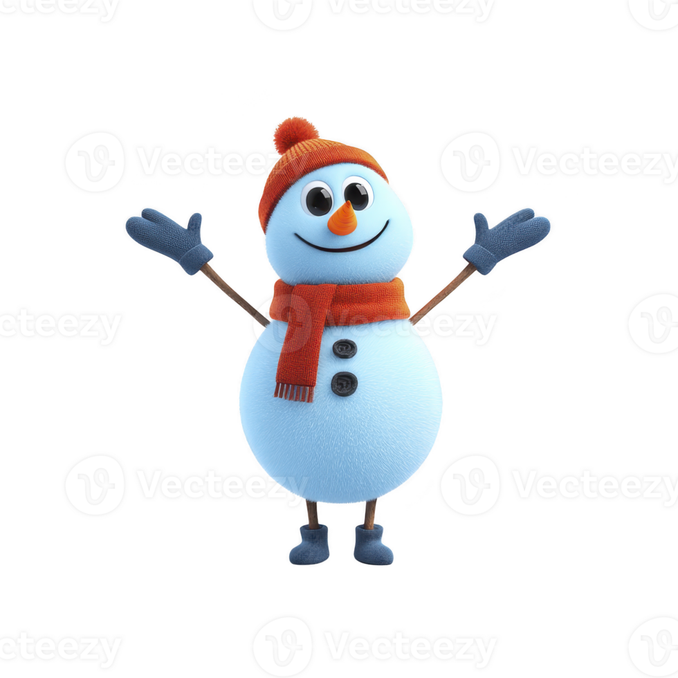 Cheerful snowman with red hat and scarf, blue gloves, and carrot nose stands with arms raised, exuding joy. snowman has black buttons and friendly smile png