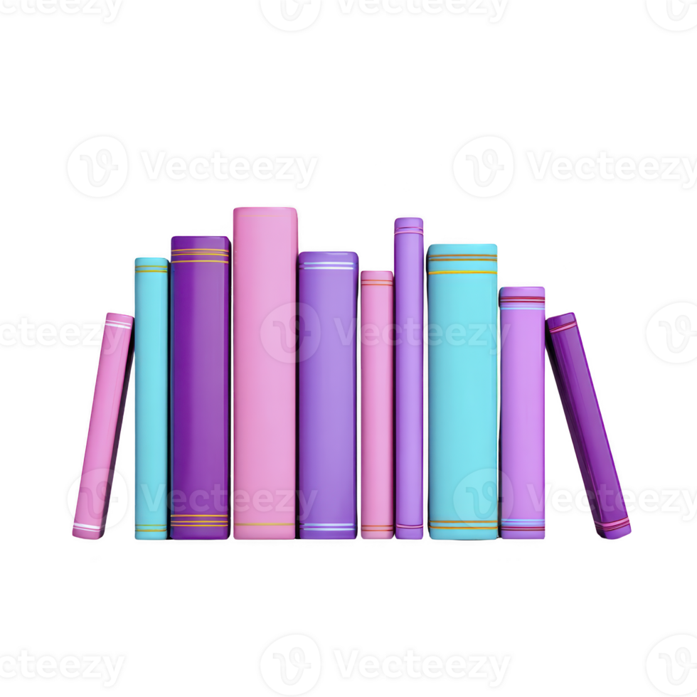 Colorful books arranged in row, featuring pastel shades of pink, purple, and blue, creating vibrant and cheerful display. books are standing upright, showcasing their spines png
